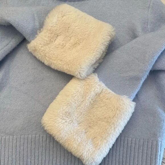 ZARA FAUX FUR TRIM Cream Fur Cuffs  KNIT BLEU SWEATER CROP  SOFT SZ S # 1725 - Picture 9 of 15